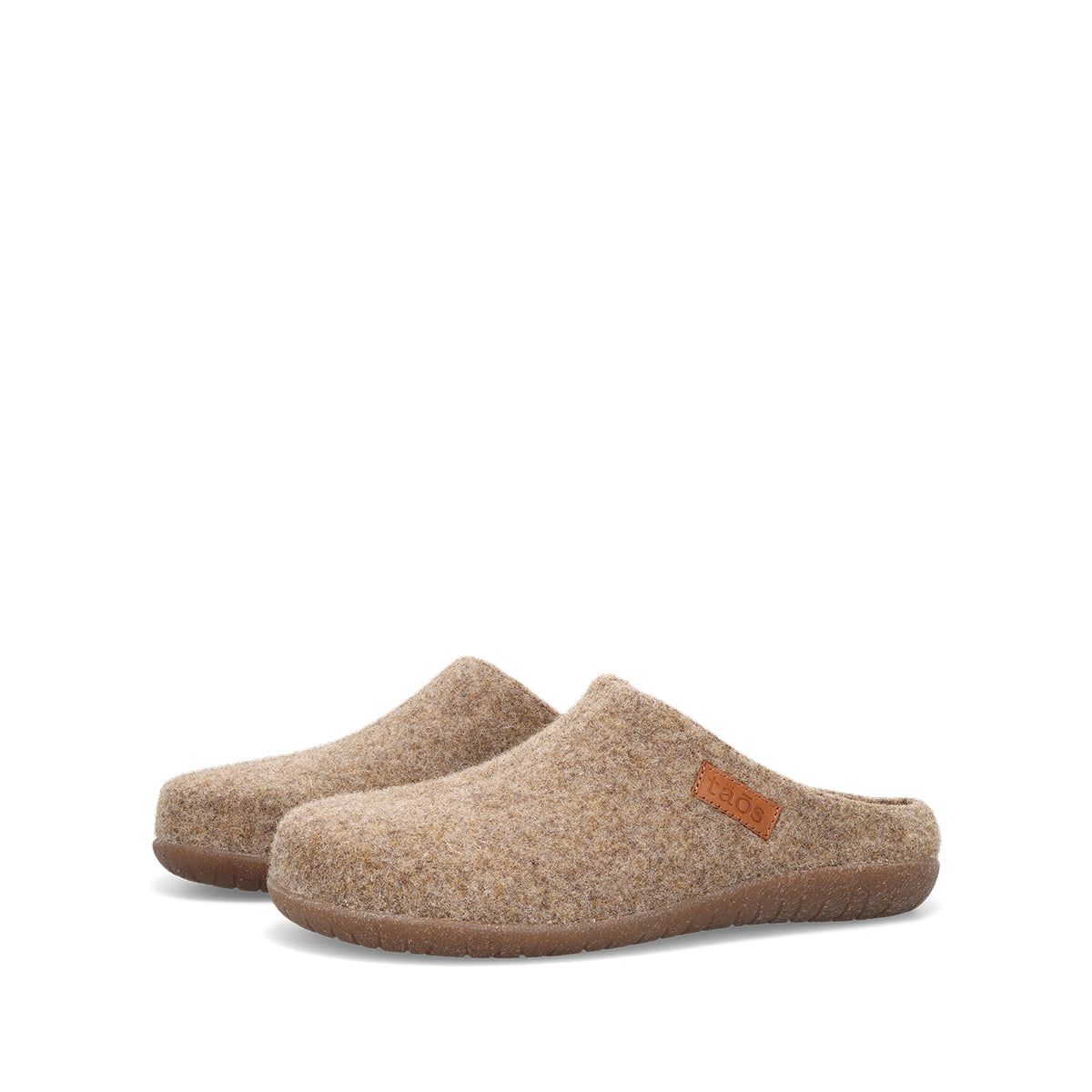 A pair of felt slip-on clogs in a warm beige and brown speckled wool-like texture, with a small brown leather brand tab on the side, set against a plain white background.