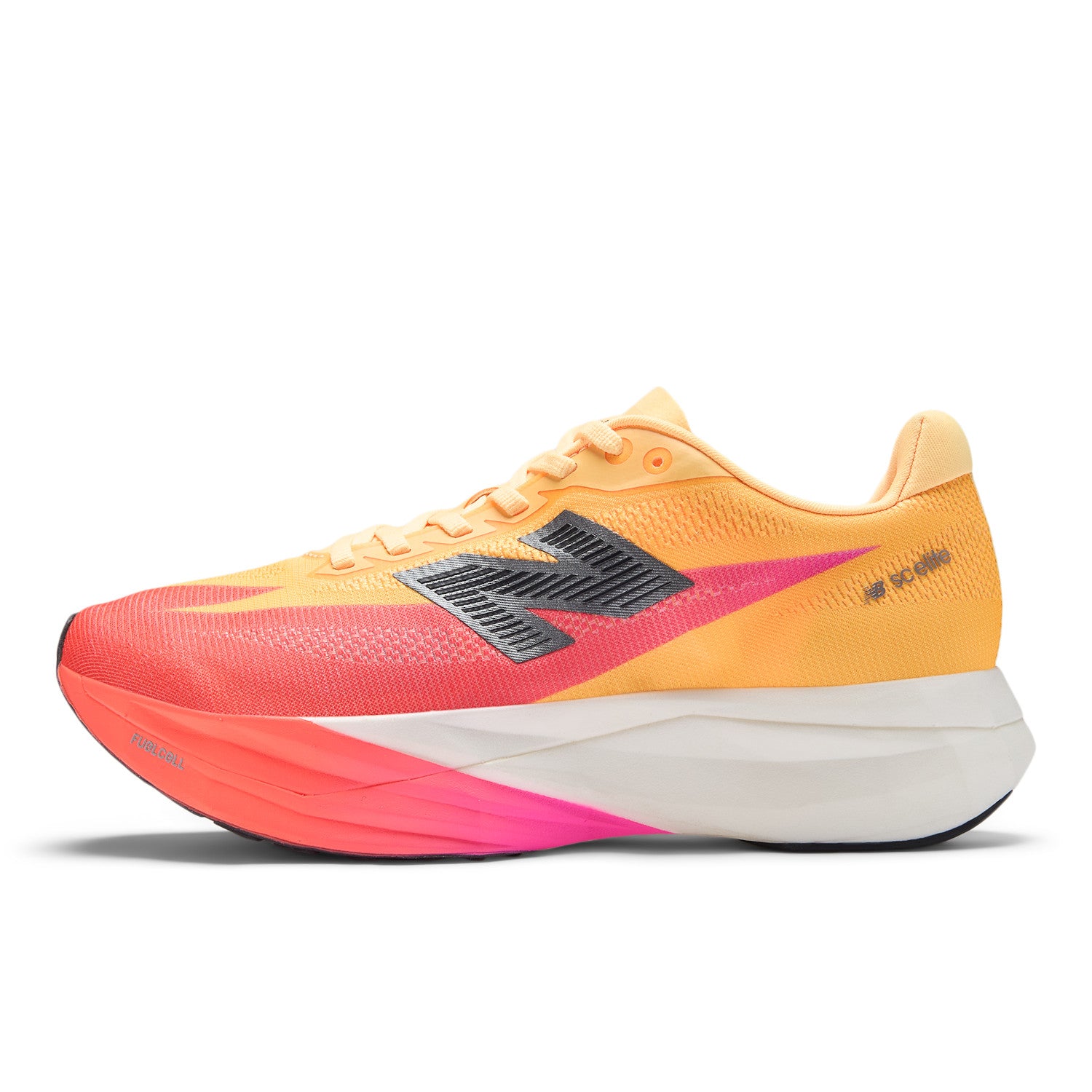 Orange and pink running shoe with New Balance logo on a white background