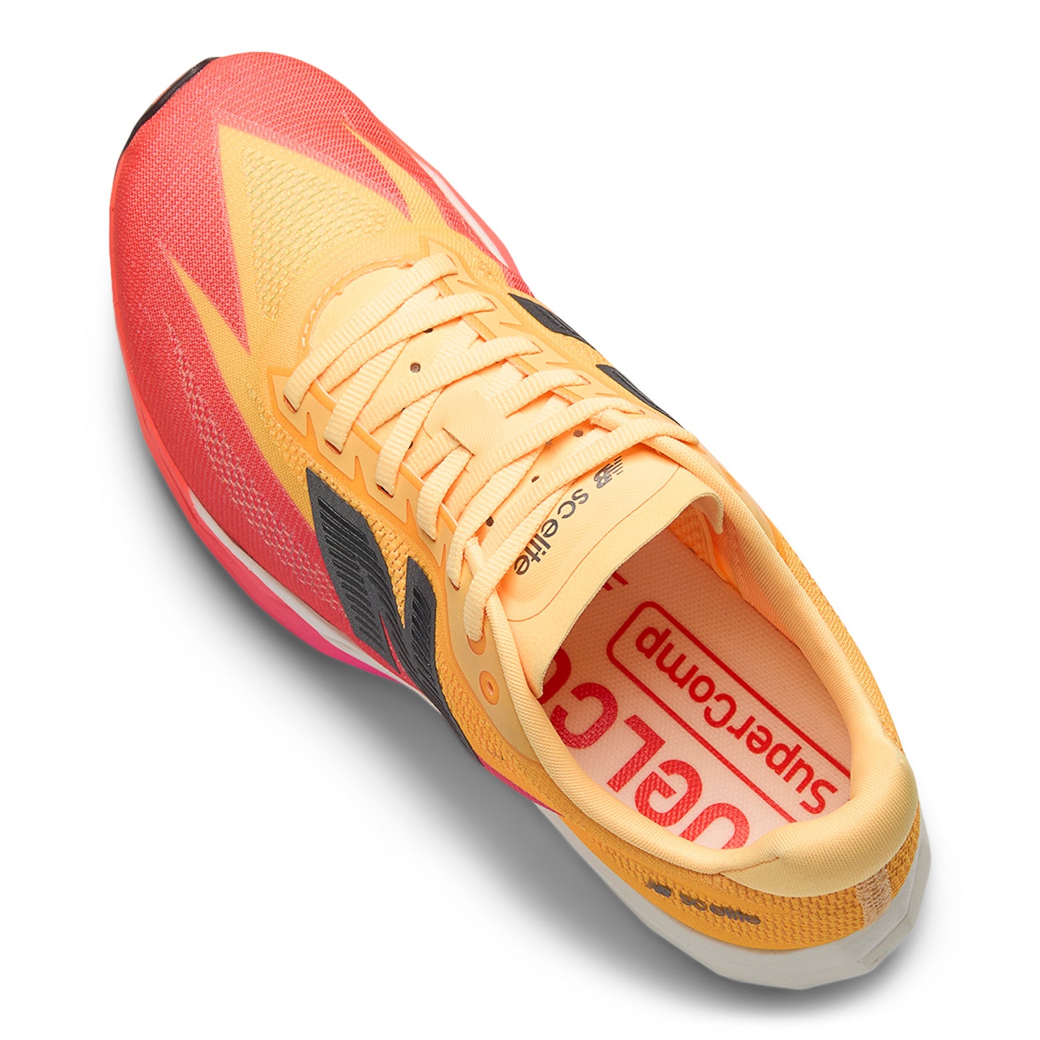 Orange and red athletic shoe with 'Supercom' branding on a white background