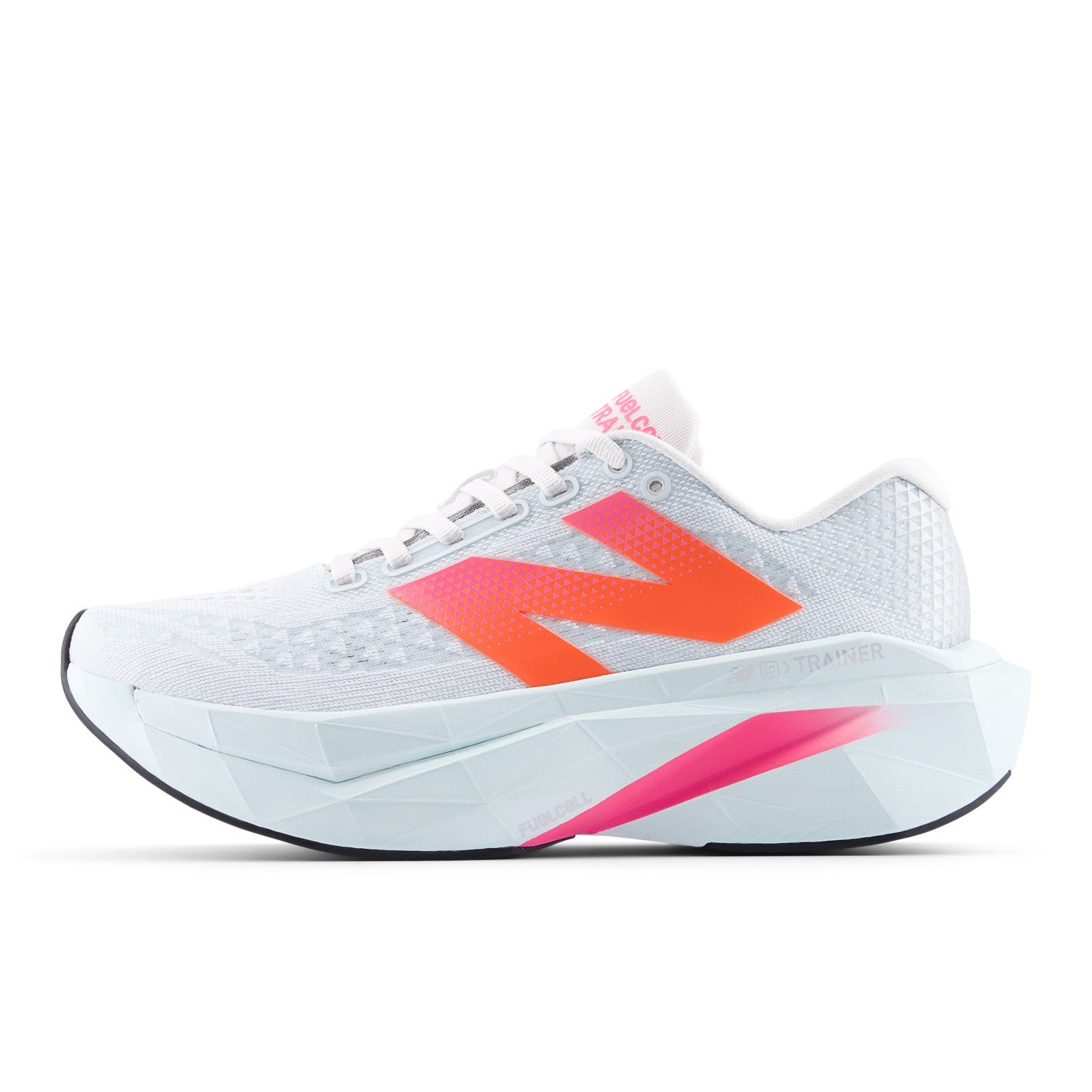 White running shoe with pink and orange accents on a white background