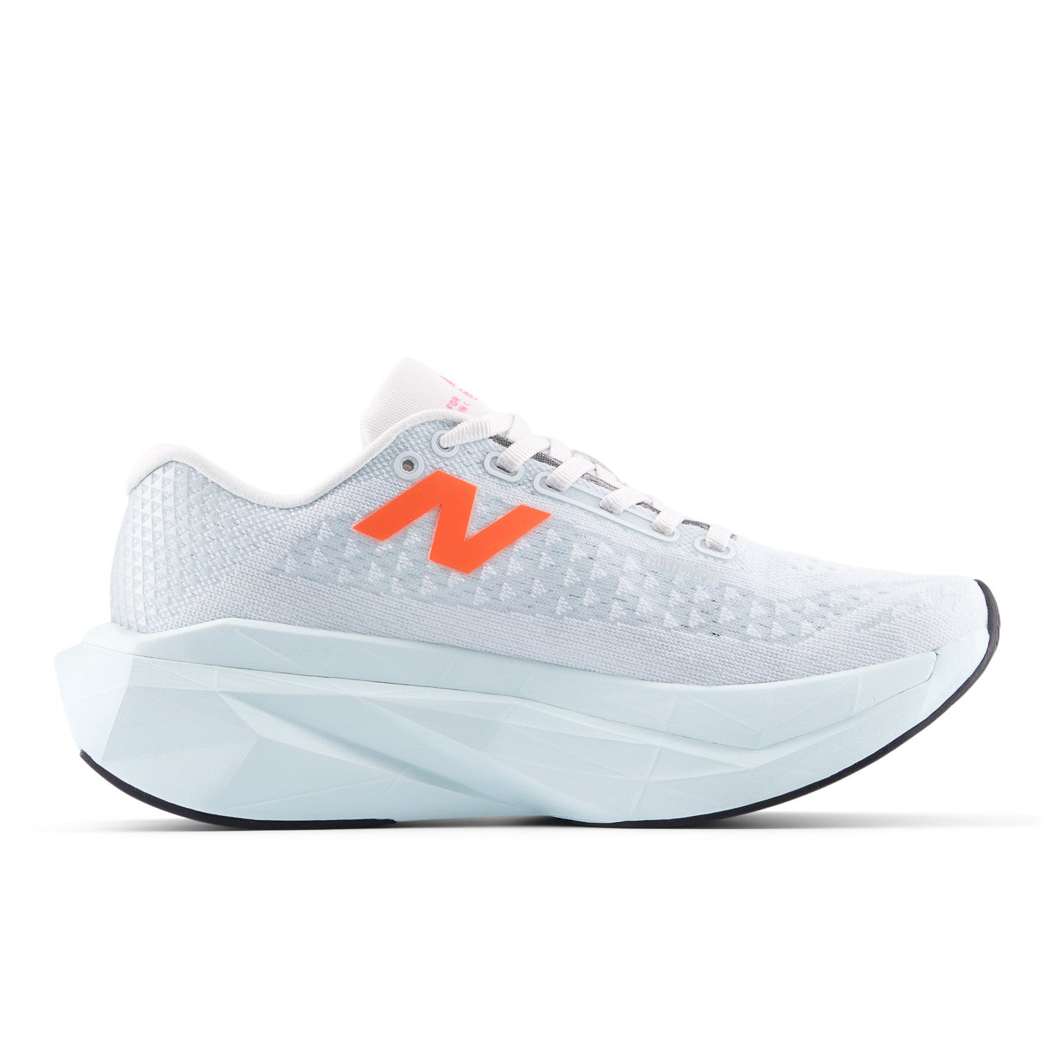 White running shoe with orange logo on a white background