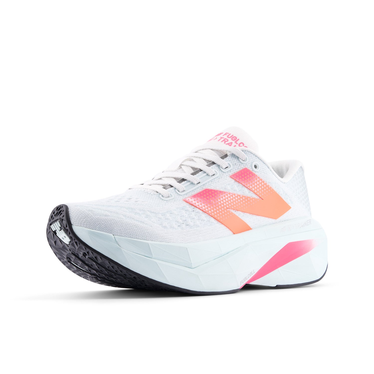 White running shoe with pink and orange accents on a white background