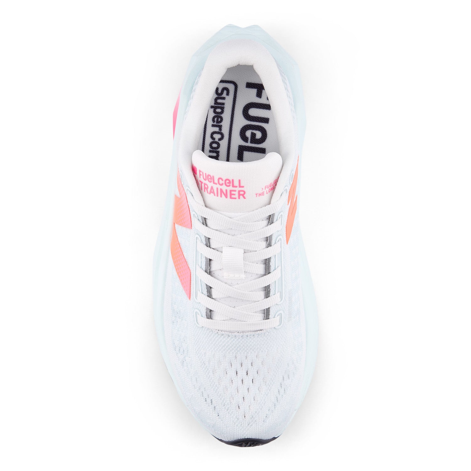 White running shoe with pink accents on a white background