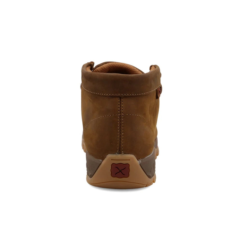 A brown leather ankle boot shown from the back, featuring a tan rubber sole with a small red logo patch.