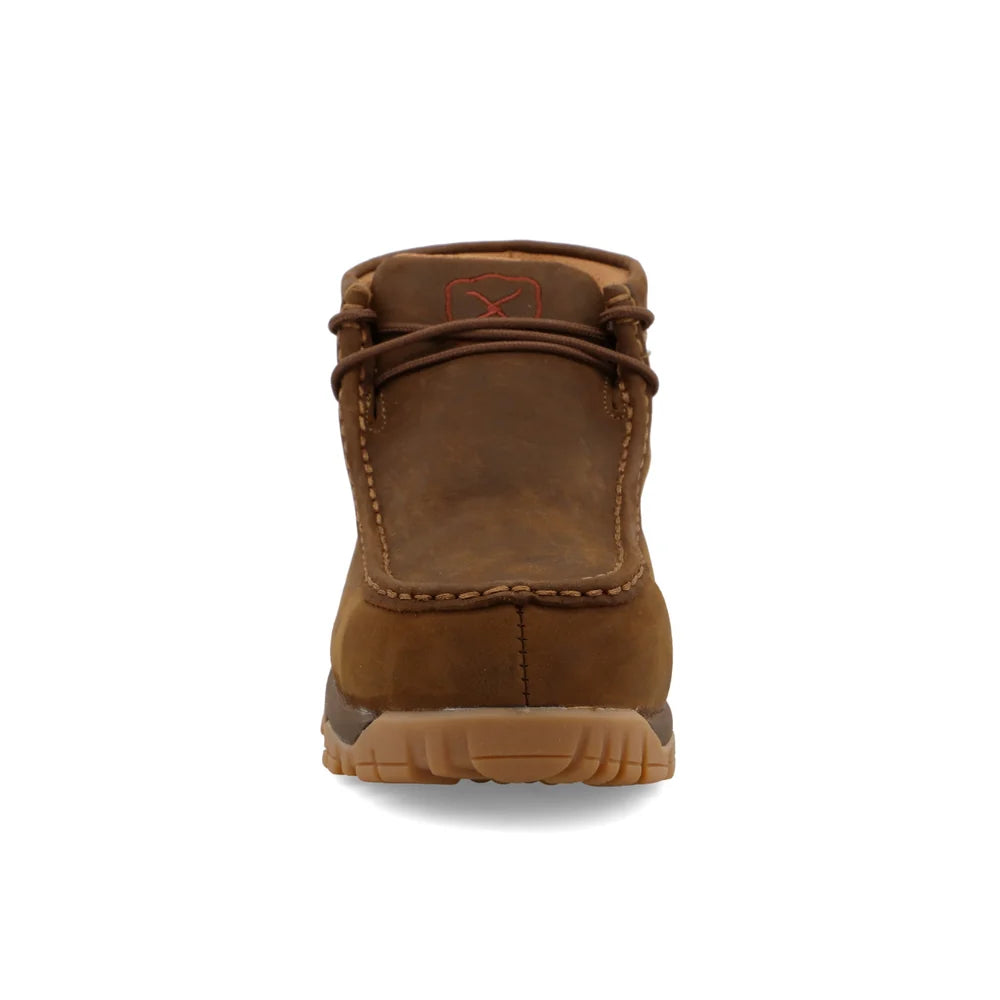 A brown suede ankle boot shown from the back on a clean white background.