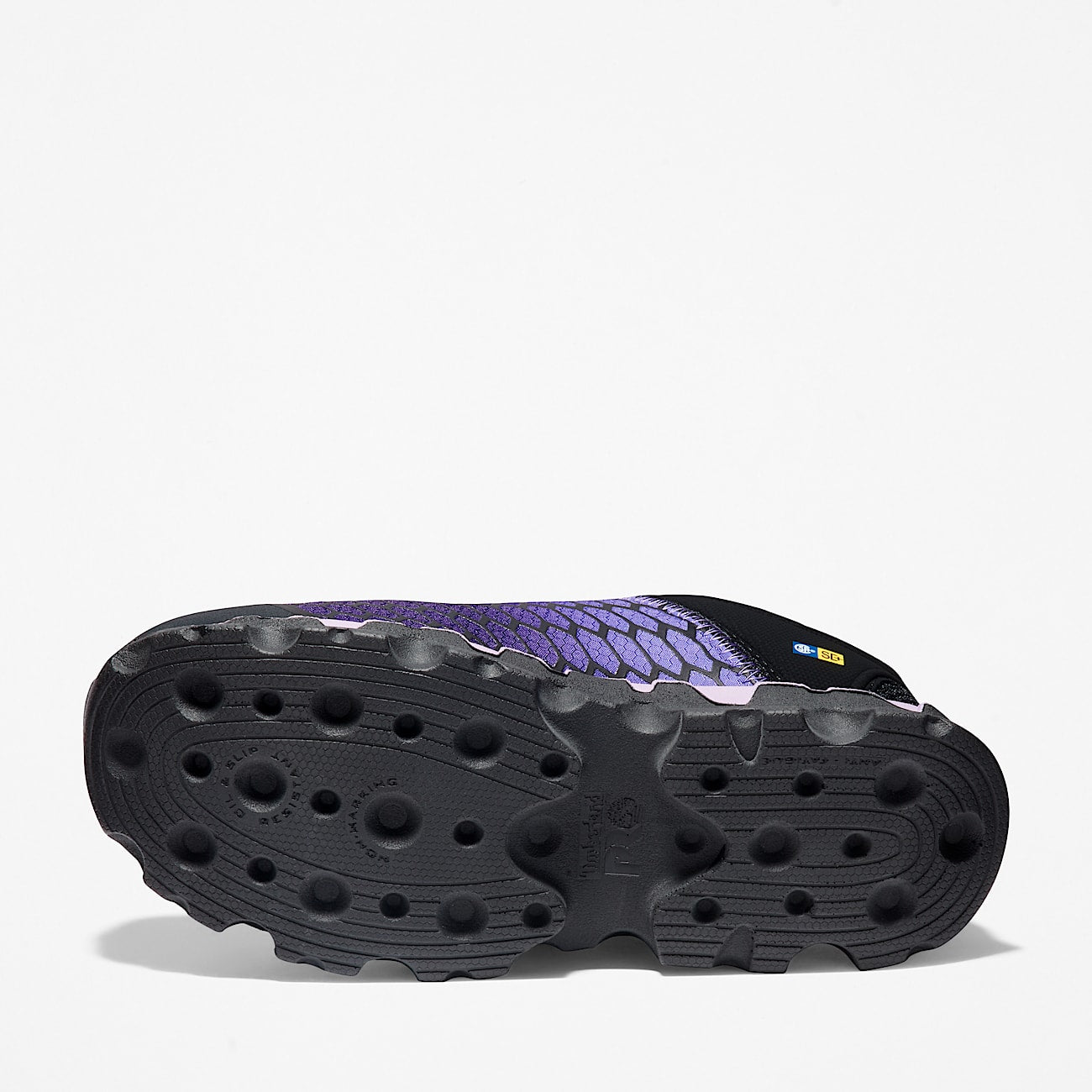 Black sole of a shoe with a purple pattern on a white background