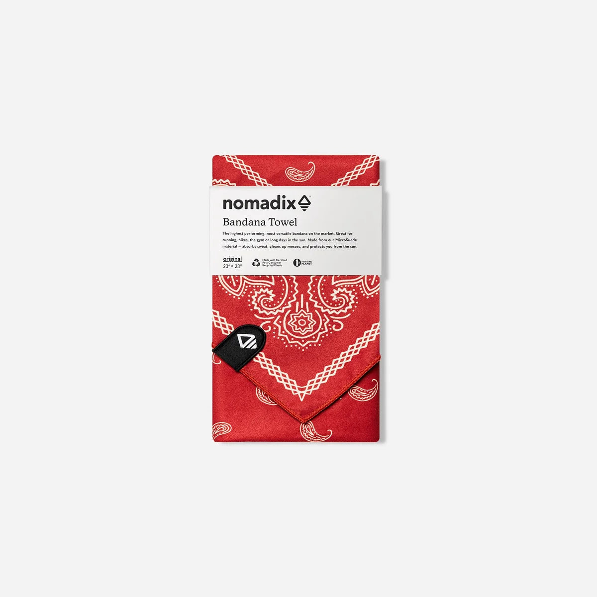 Red bandana with white patterns on a packaging labeled 'nomadix' against a white background