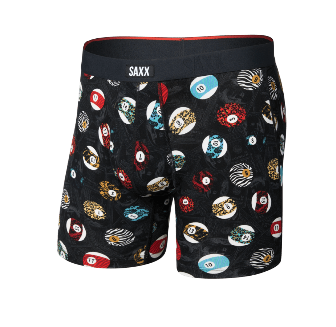 Black boxer briefs with an all-over pool billiards-themed print featuring 8-ball, 1-ball, and striped billiard balls, with a dark waistband displaying the SAXX brand logo.