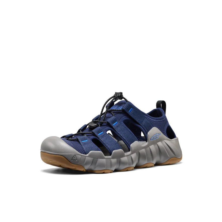 Blue and gray sandal with KEEN logo on a white background