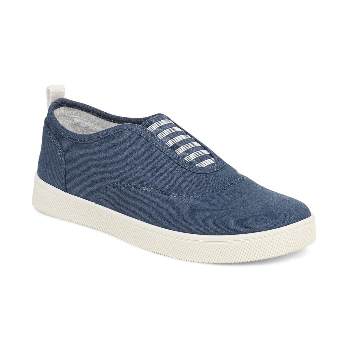 Blue casual shoe with white sole on a white background