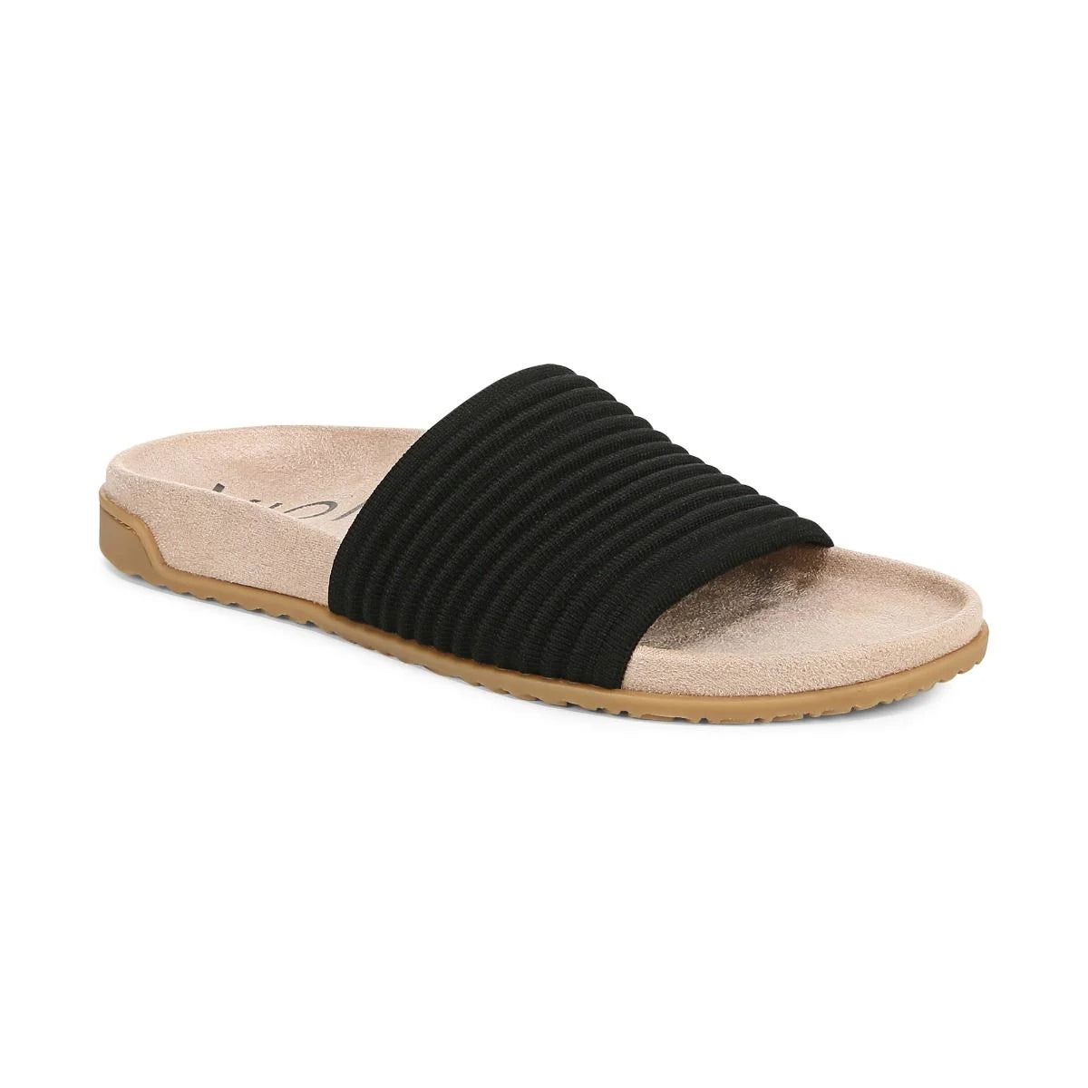 Black slide sandal with a beige sole on a white background