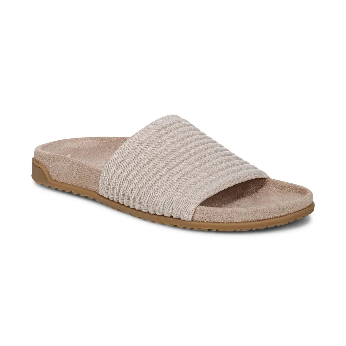 Beige slide sandal with ribbed strap on a white background
