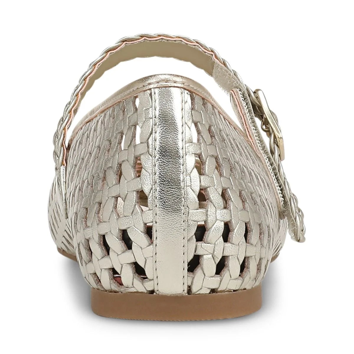 Silver woven shoe with a strap on a white background