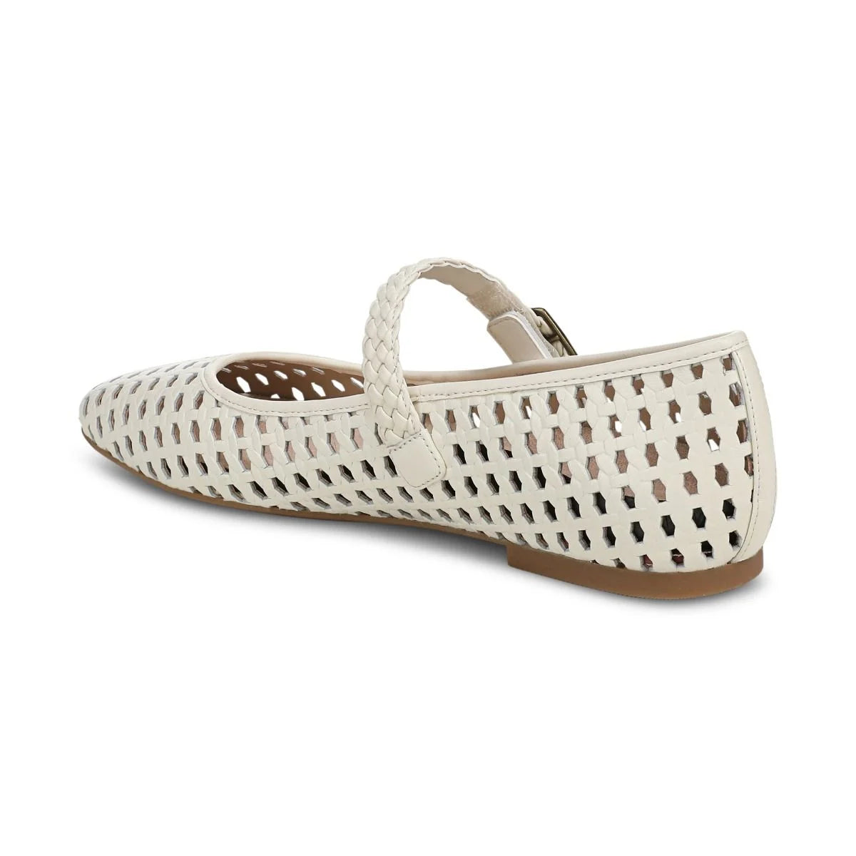 White flat shoe with perforated design on a white background