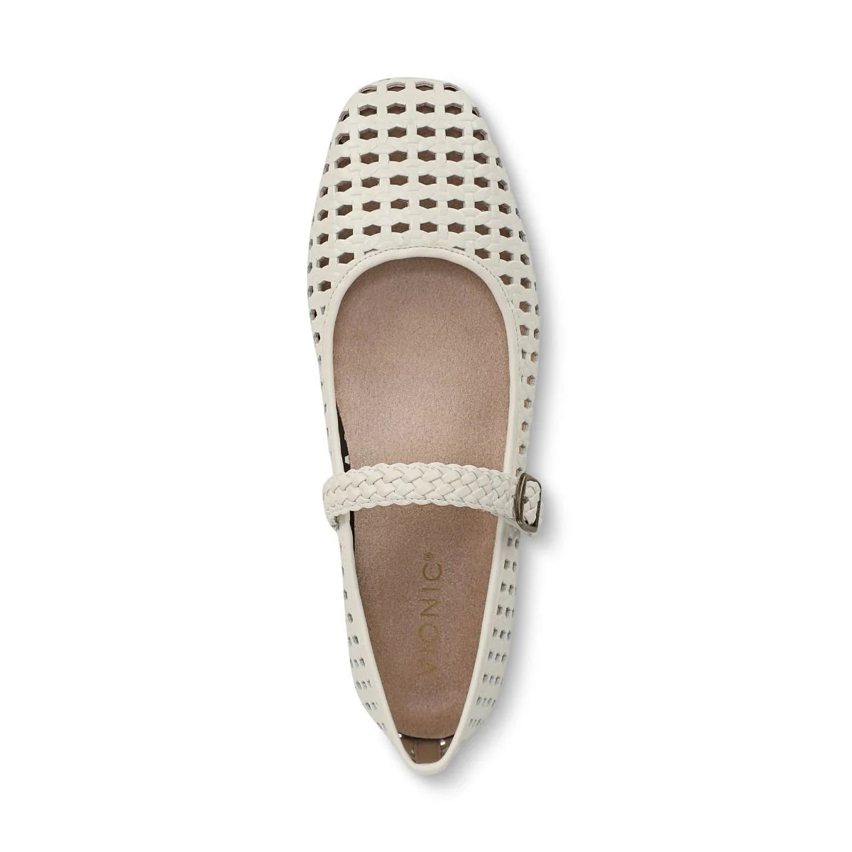 White flat shoe with woven design on a white background