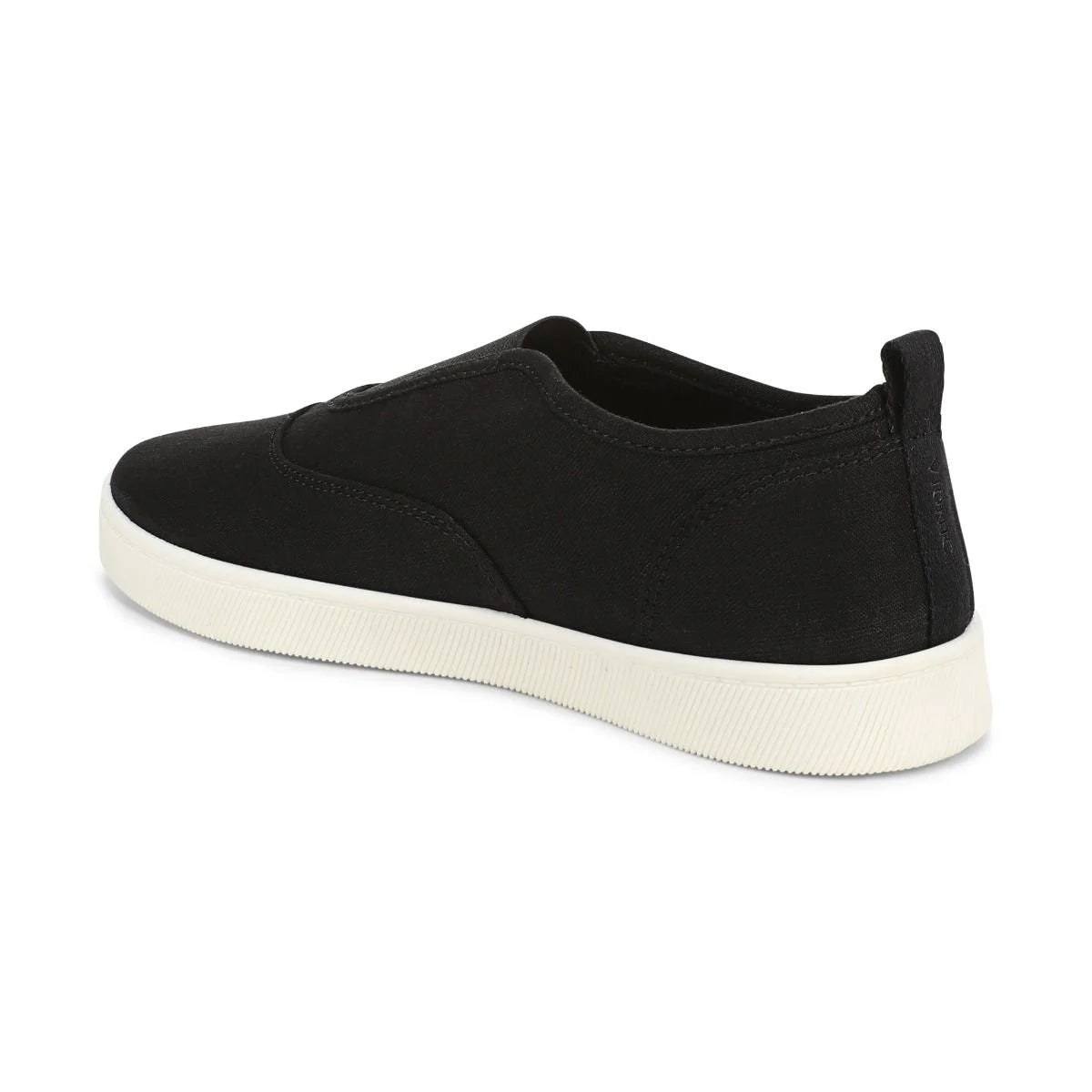 Black slip-on sneaker with a white sole on a white background