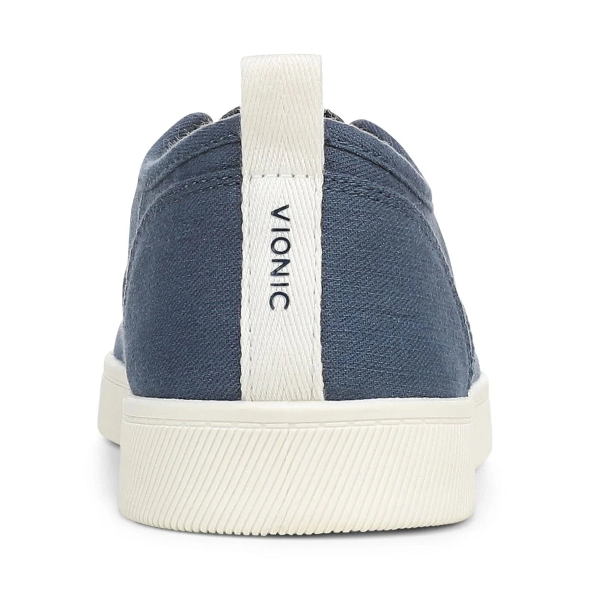 Blue Vionic sneaker with white sole on a white background
