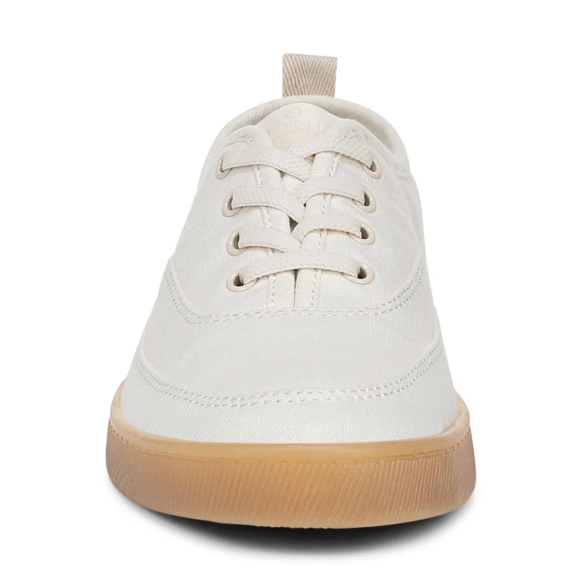 White sneaker with a brown sole on a white background