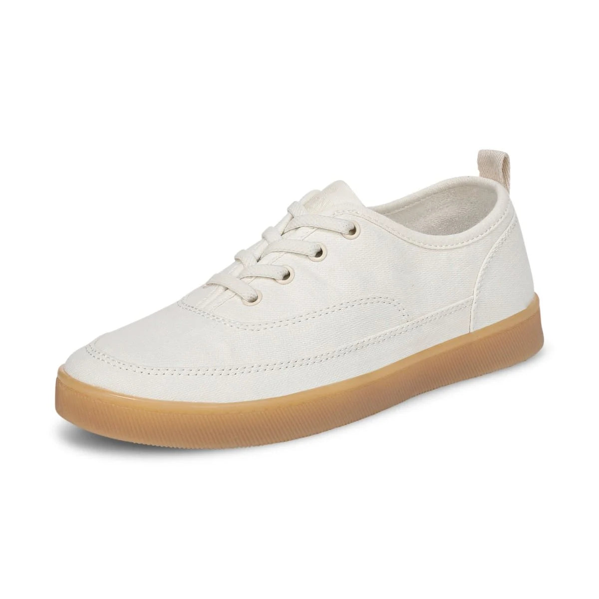 White sneaker with brown sole on a white background