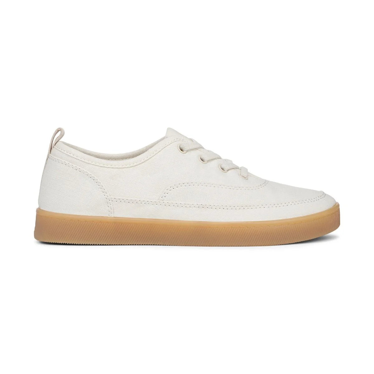 White sneaker with a brown sole on a white background