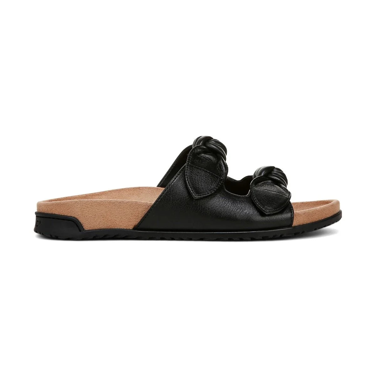 Black sandal with bow details on a white background