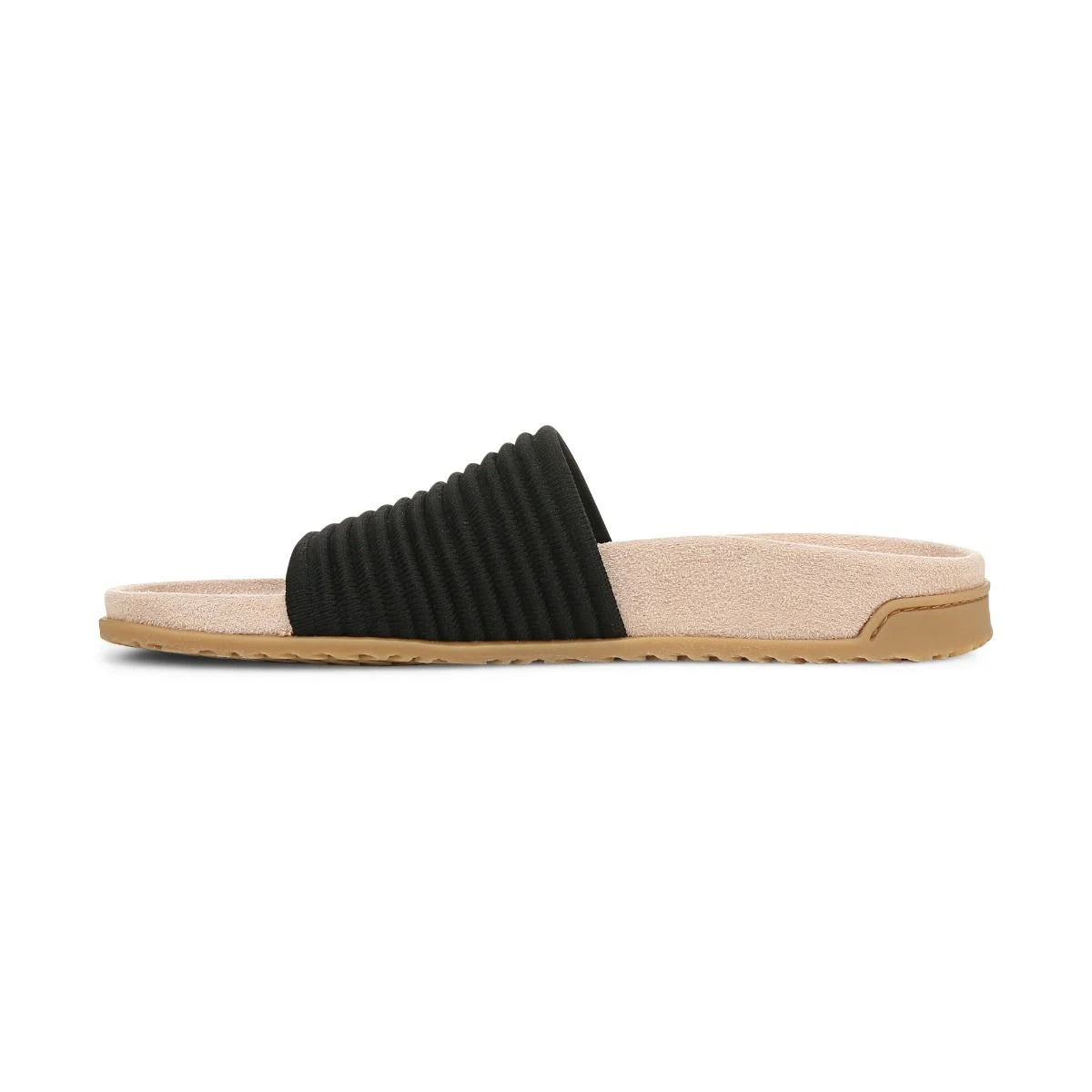 Black slide sandal with beige sole on a white background