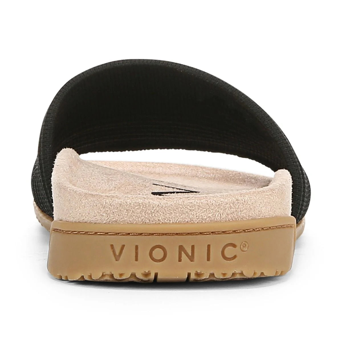 Black slide sandal with beige sole and 'Vionic' branding on a white background