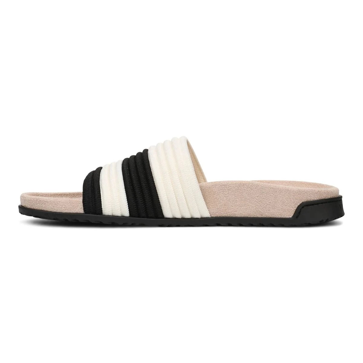 Black and white slide sandal on a white background