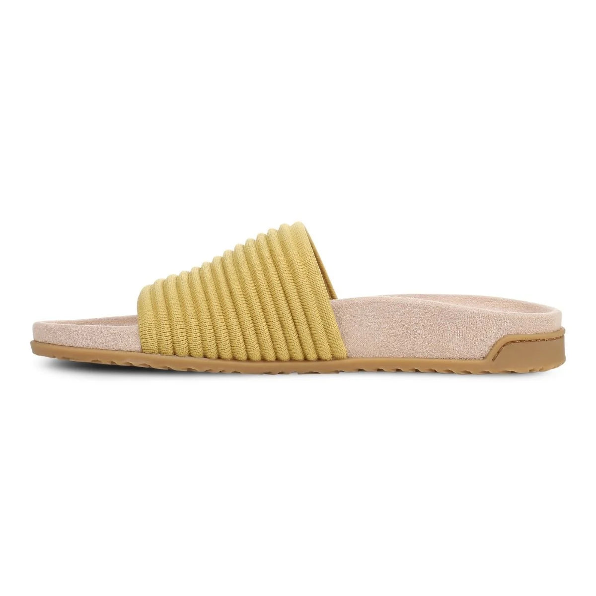 Yellow slide sandal with a textured strap on a white background