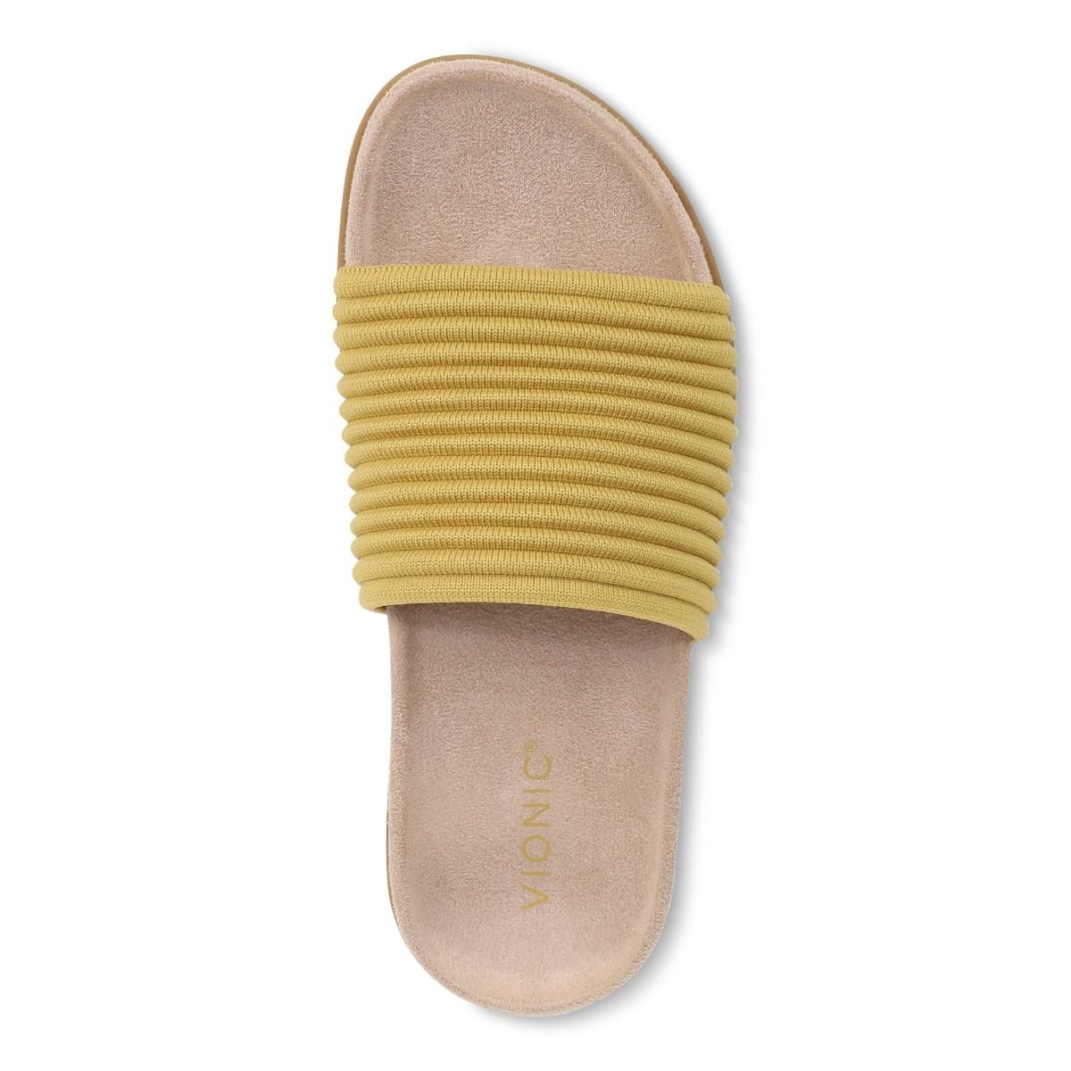 Beige sandal with a yellow elastic band on a white background