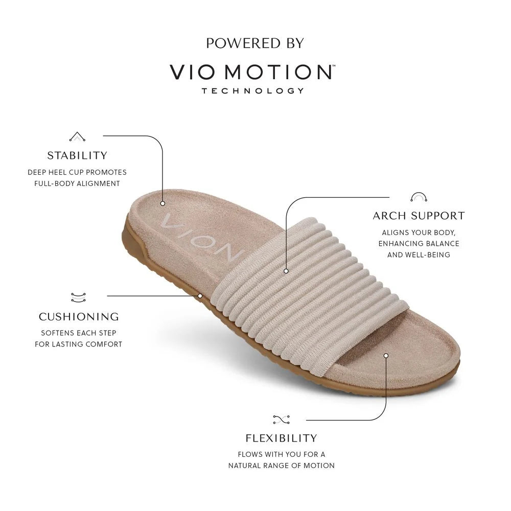 Beige sandal with VIO Motion technology features on a white background