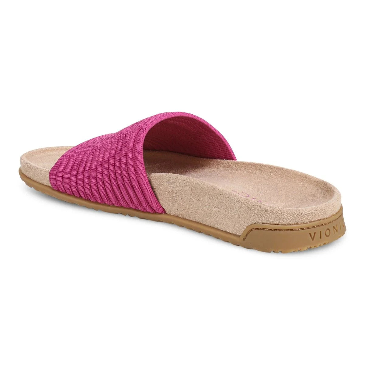 Pink slide sandal with a brown sole on a white background