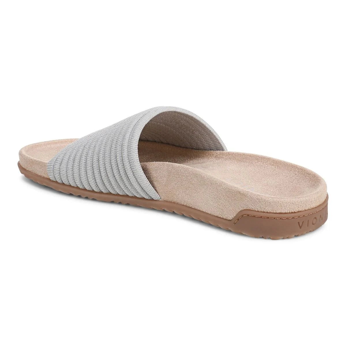 Gray slide sandal with a brown sole on a white background
