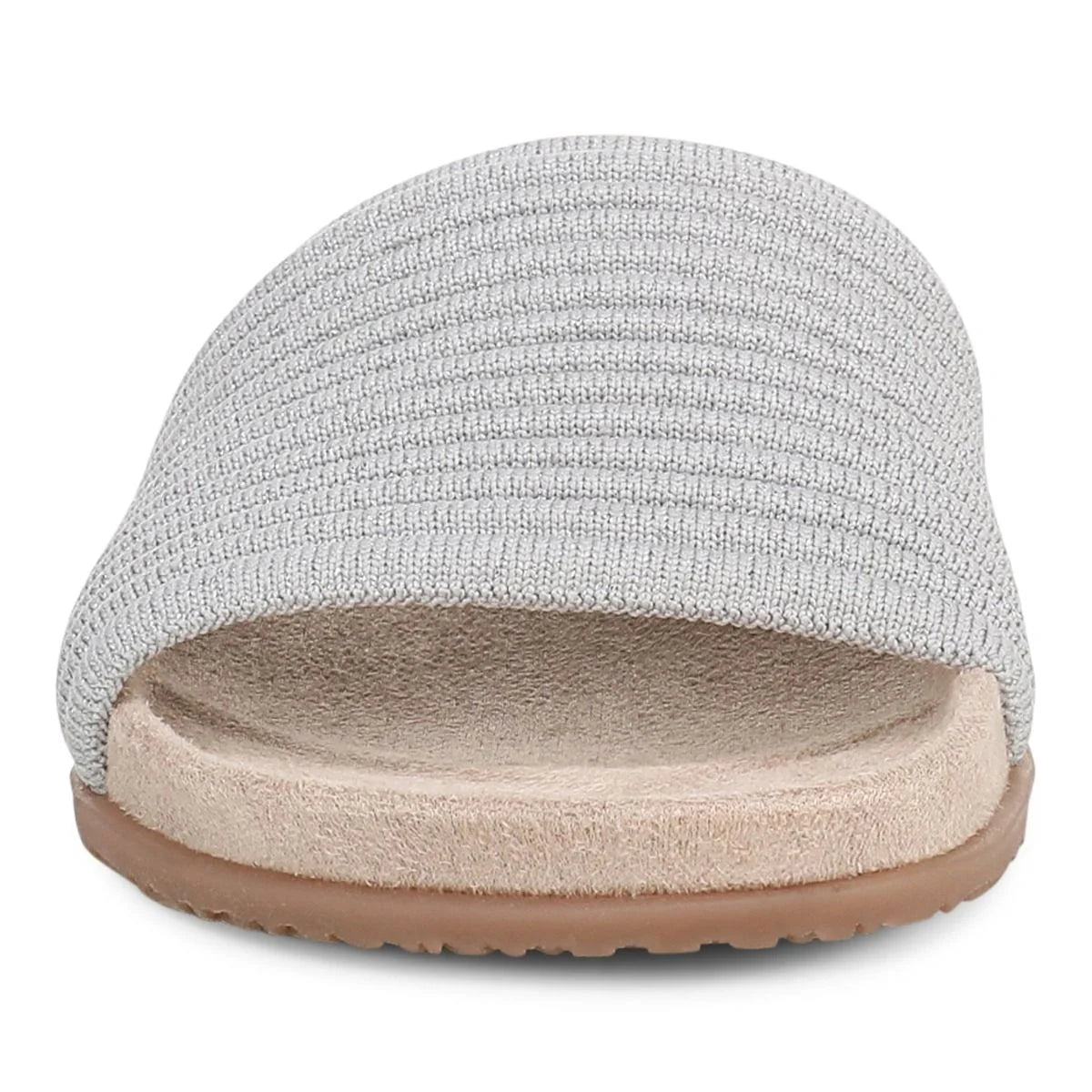 Gray textured slide sandal with a beige sole on a white background