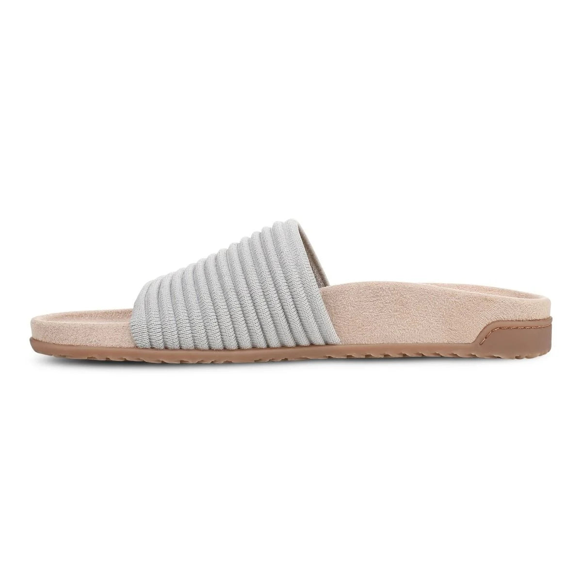 Light gray slide sandal with a beige sole on a white background
