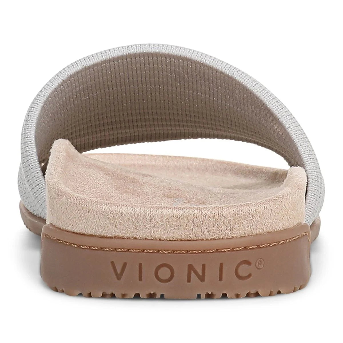 Vionic sandal with beige cushioned sole and brown sole on a white background
