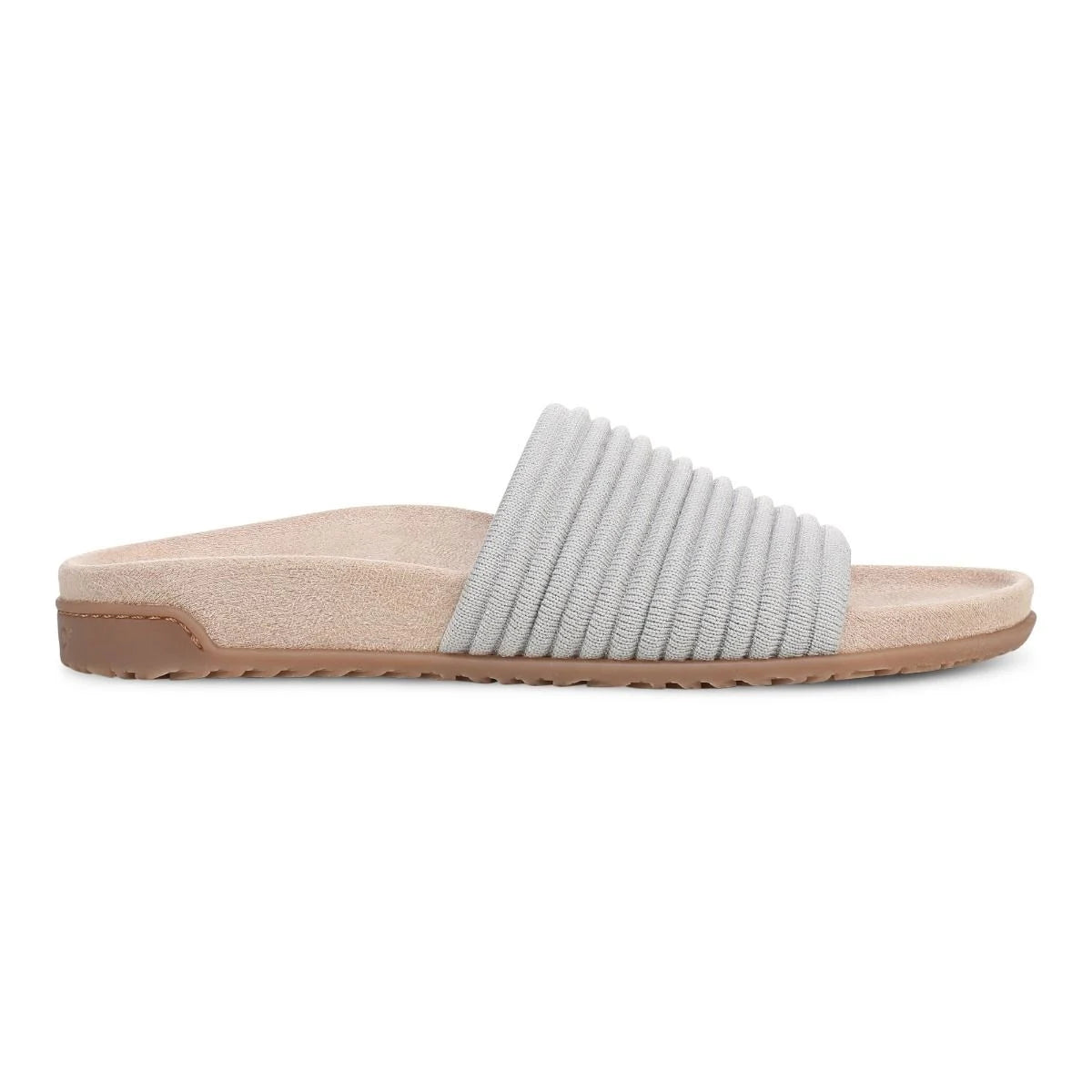 Gray slide sandal with a beige sole on a white background