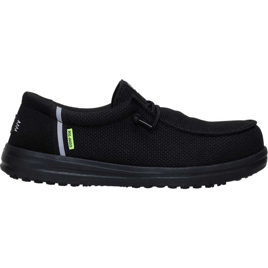Black slip-on shoe with a visible brand logo on a transparent background