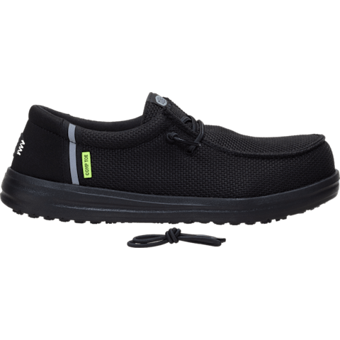Black slip-on shoe with a visible brand logo on a white background