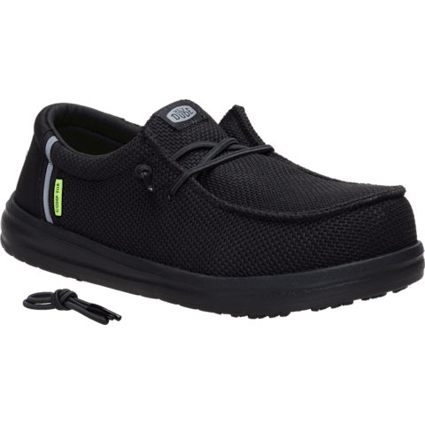 Black casual shoe with a visible brand logo on a white background