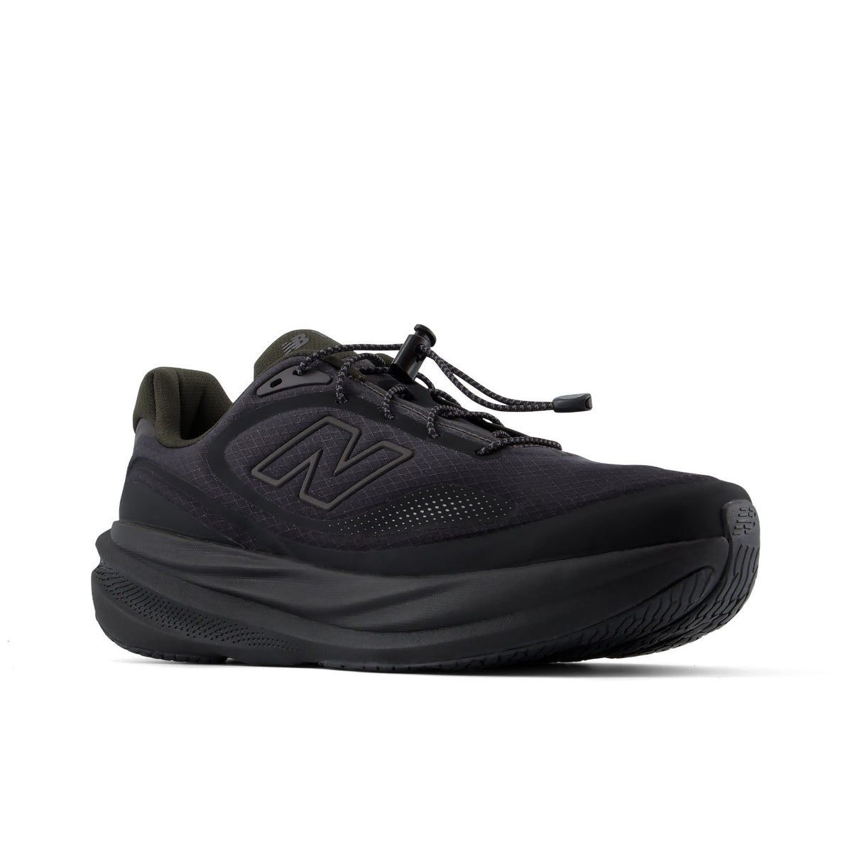 A single New Balance athletic shoe in black, shown from a side profile view against a solid white background.