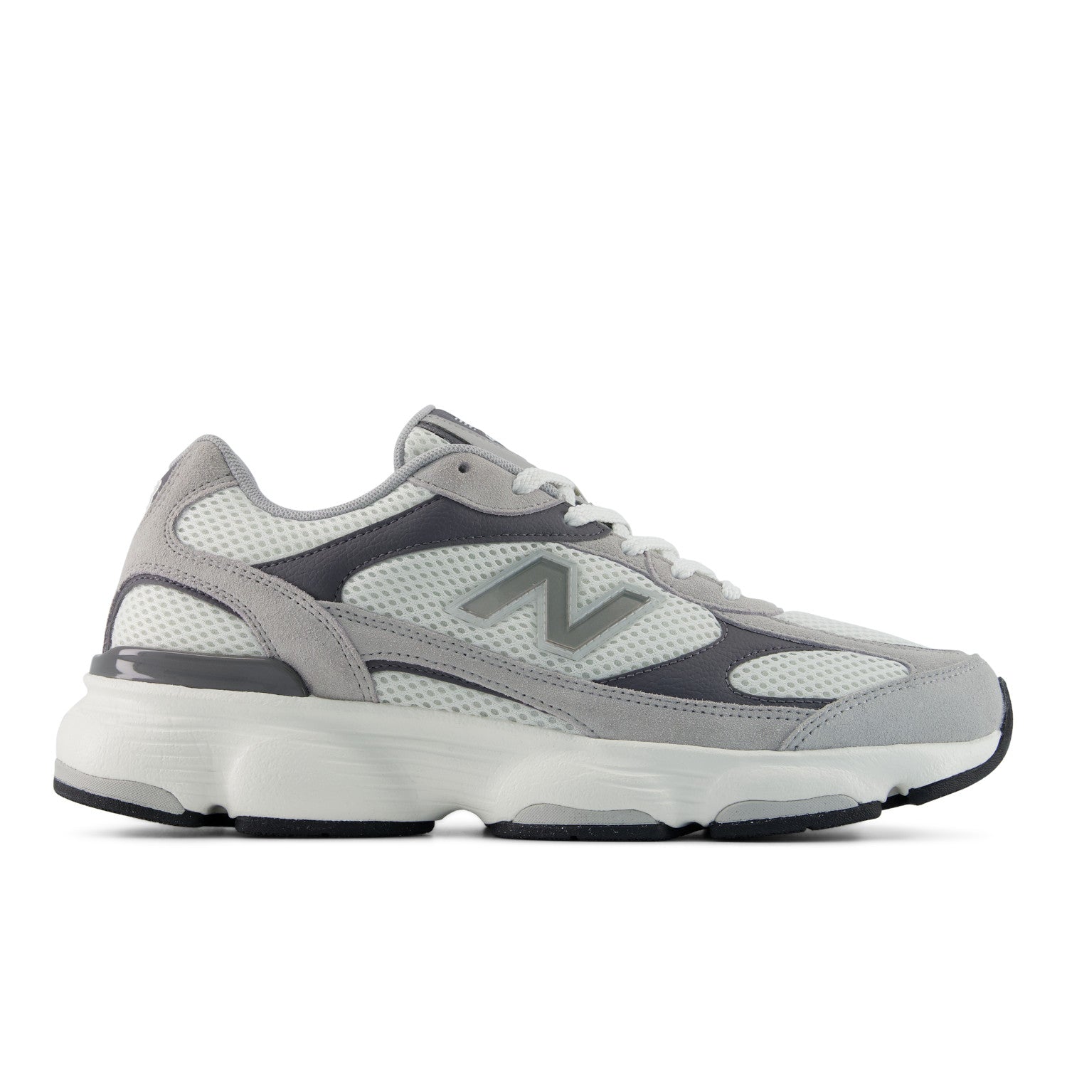 Gray and white sneaker with New Balance logo on a white background