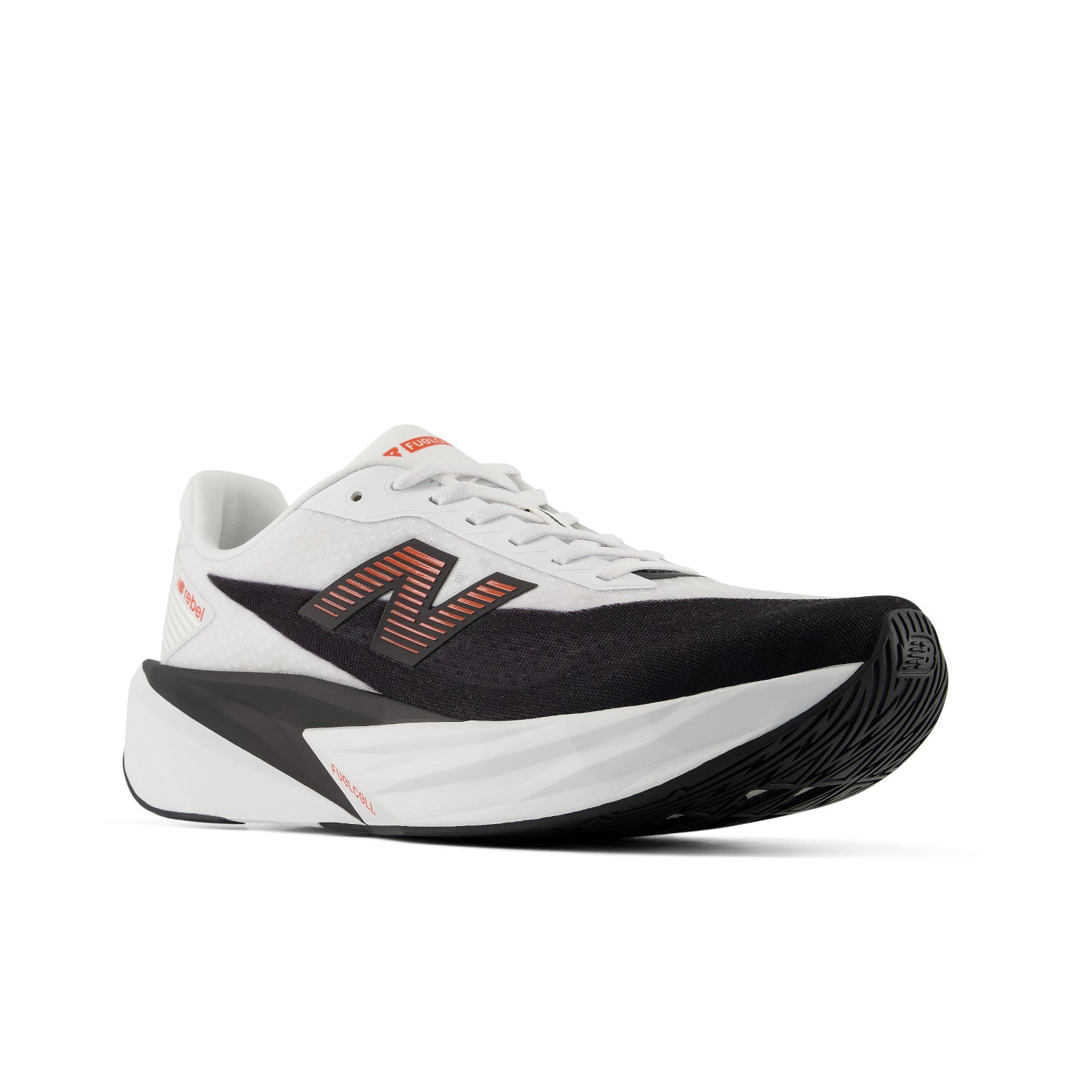 White and black sneaker with orange accents on a white background