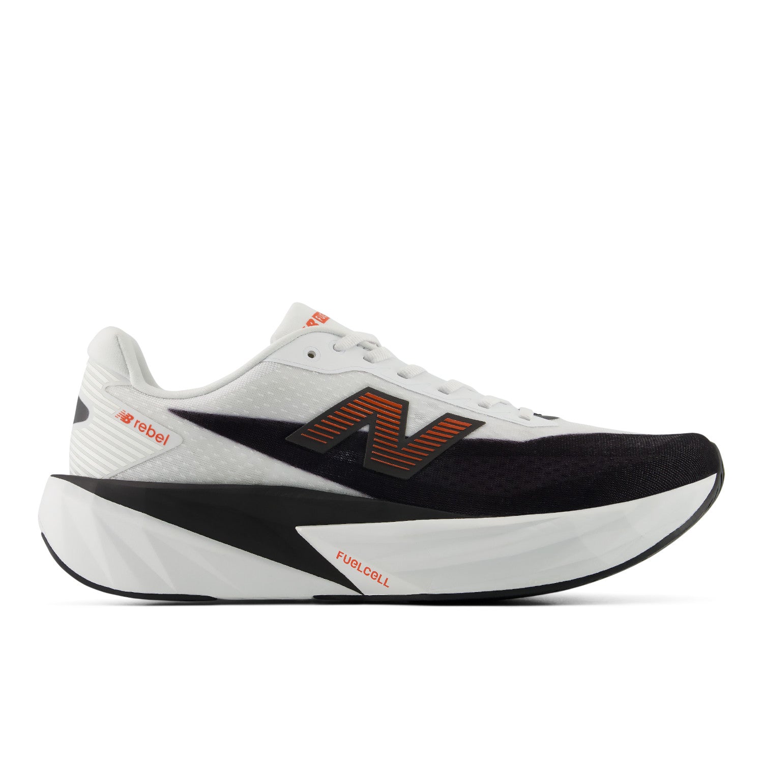 White and black running shoe with orange accents on a white background