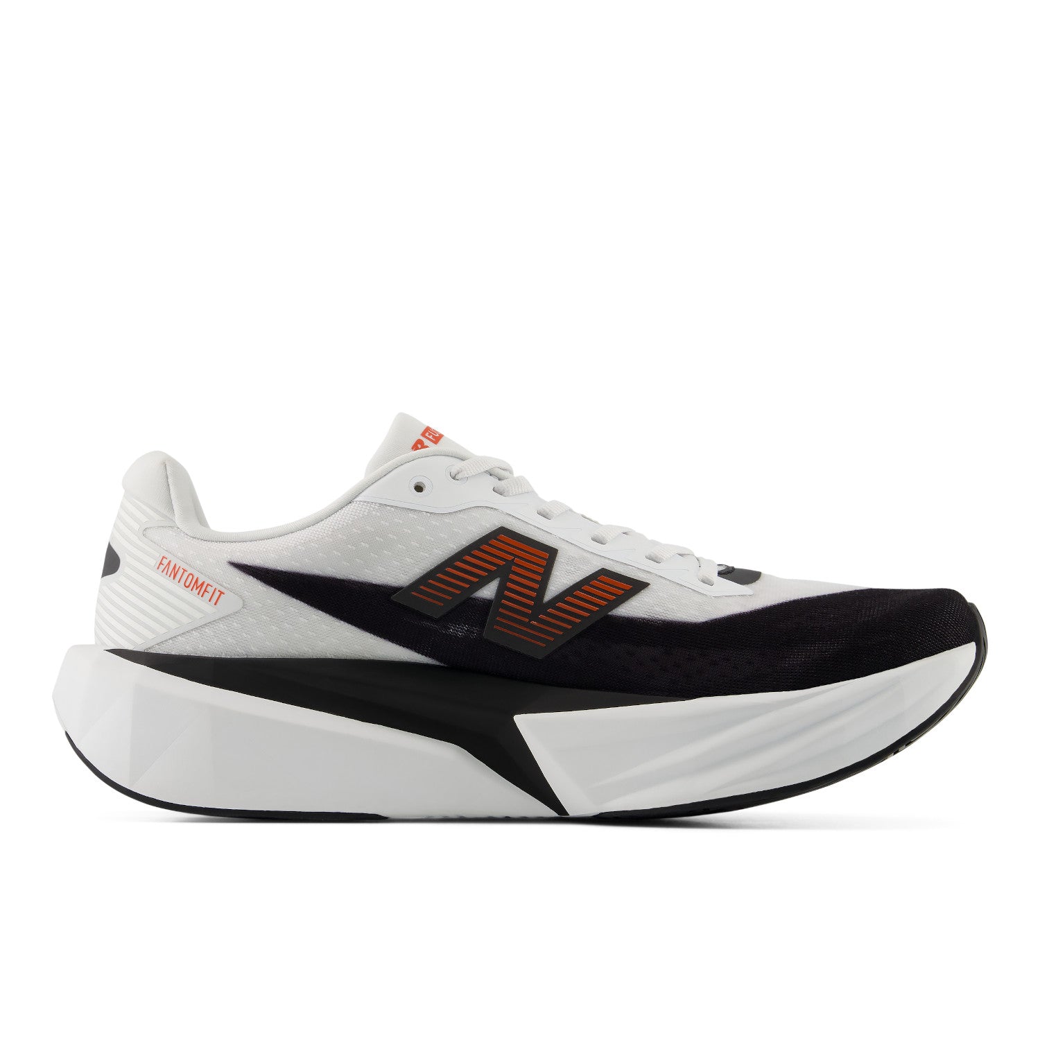 White and black sneaker with orange accents on a white background