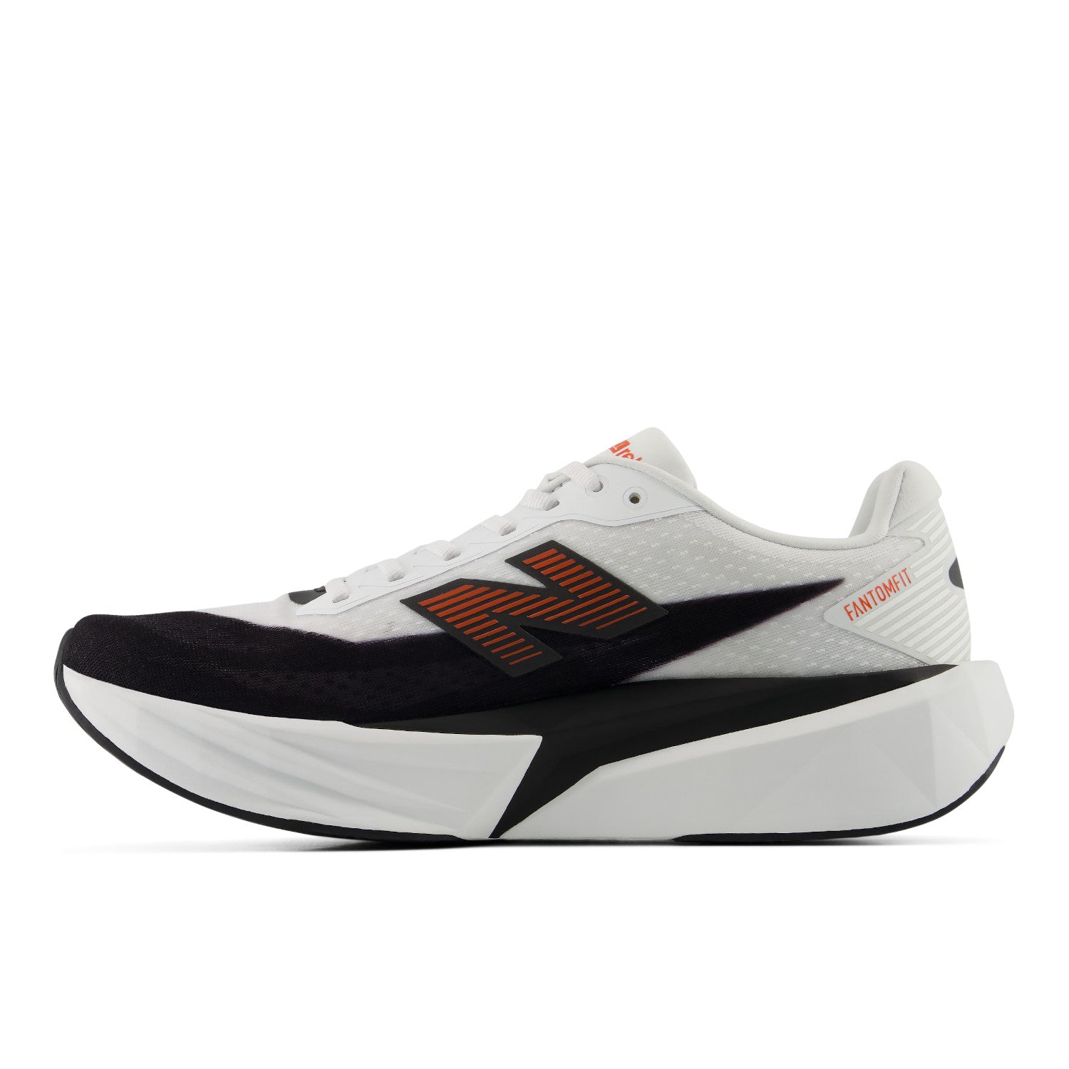 White running shoe with black and orange accents on a white background