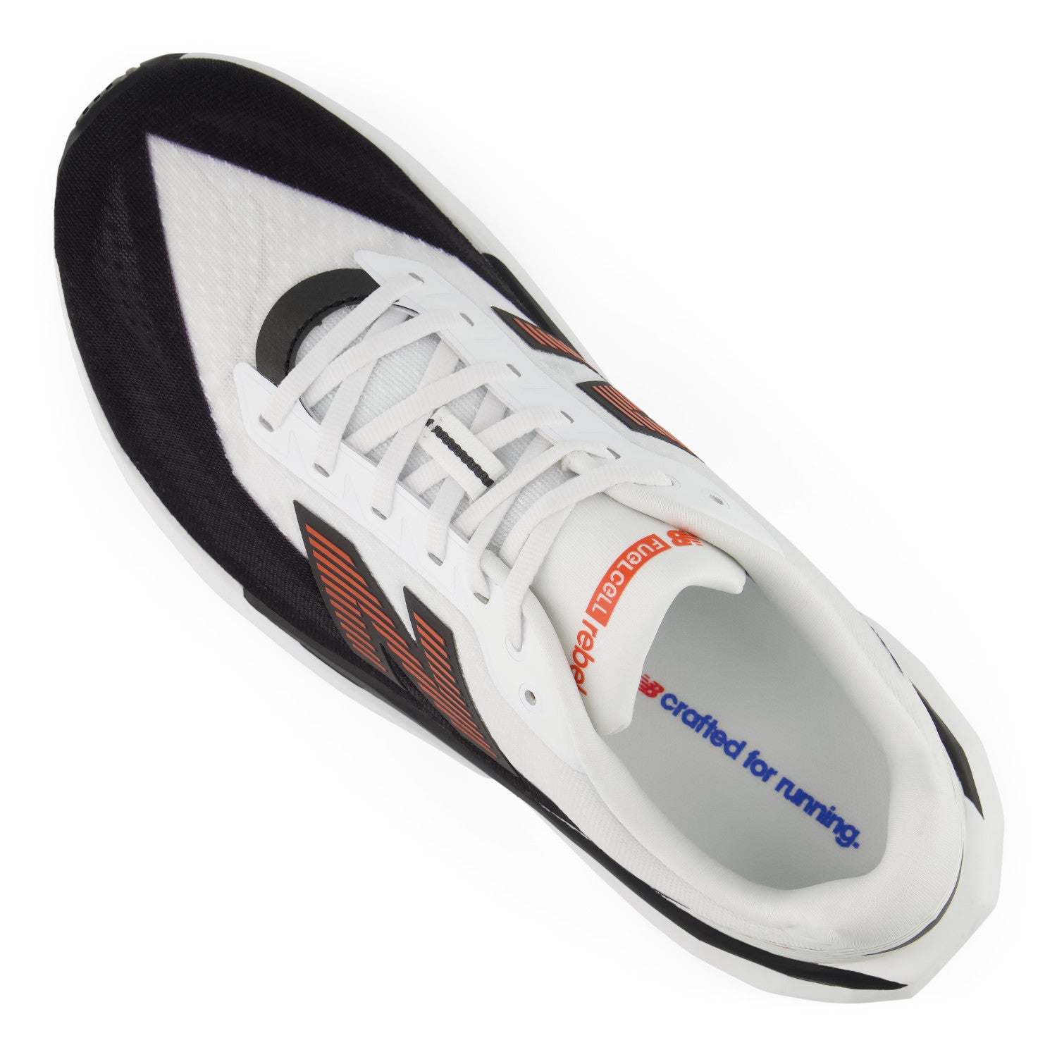 White running shoe with black and orange accents on a white background