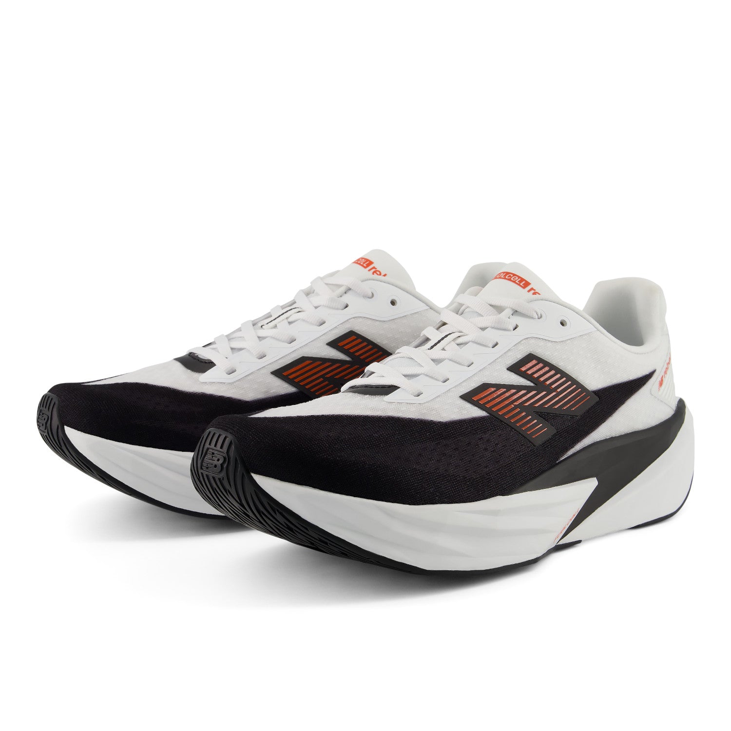 White running shoes with black and orange accents on a white background
