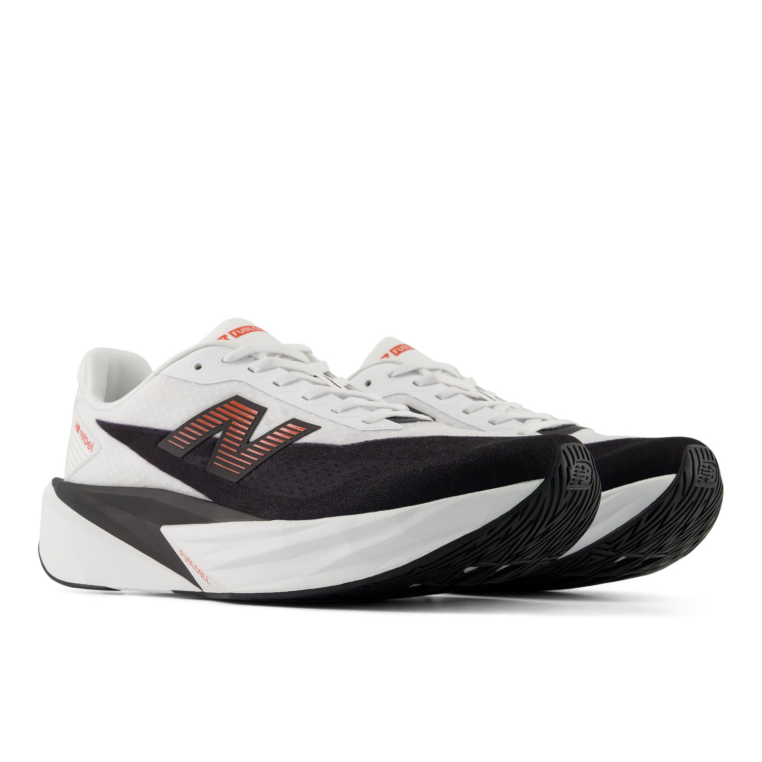 White and black athletic shoe with orange accents on a white background