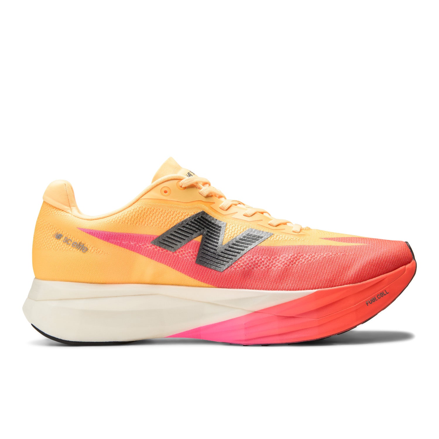 Yellow and pink running shoe with New Balance logo on a white background